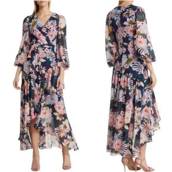 ELIZA J Floral Long Sleeve Maxi Dress Chiffon Faux Wrap Navy Blue Pink Sz 8 New - Picture 1 of 11